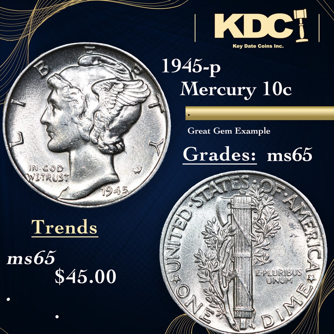 1945-p Mercury Dime 10c Grades GEM Unc (1 of 3)