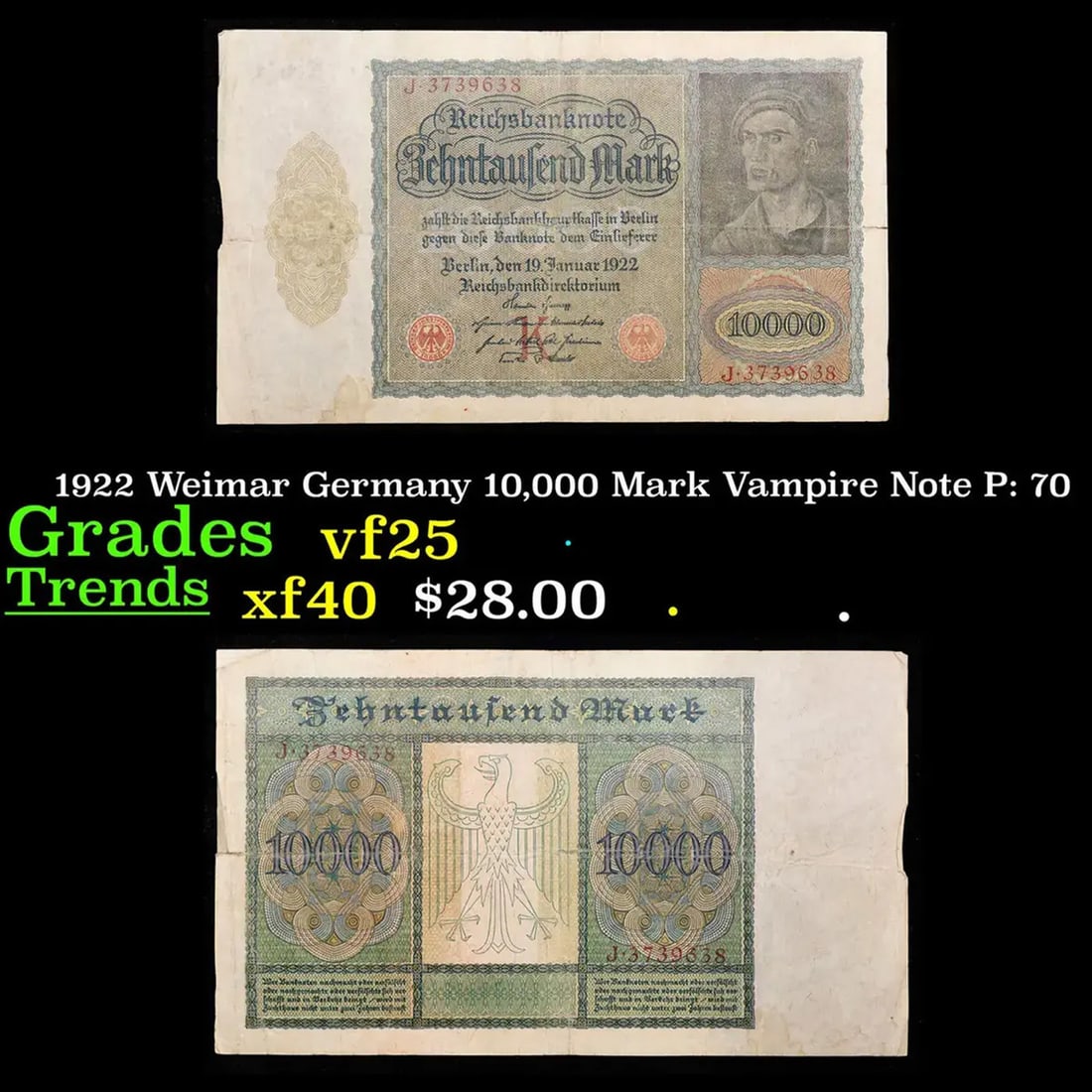 1922 Weimar Germany 10,000 Mark Vampire Note P: 70 Grades vf+ (1 of 3)