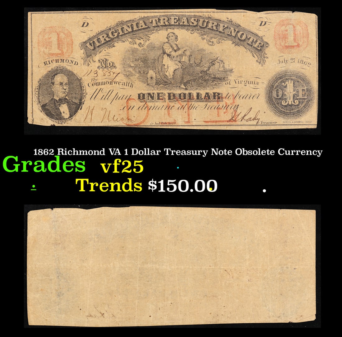 1862 Richmond VA 1 Dollar Treasury Note Obsolete Currency Grades vf+ (1 of 3)