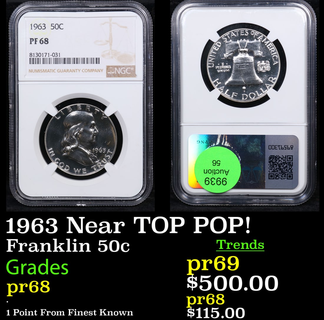 Proof NGC 1963 Franklin Half Dollar Near TOP POP! 50c Graded pr68 BY NGC (1 of 3)