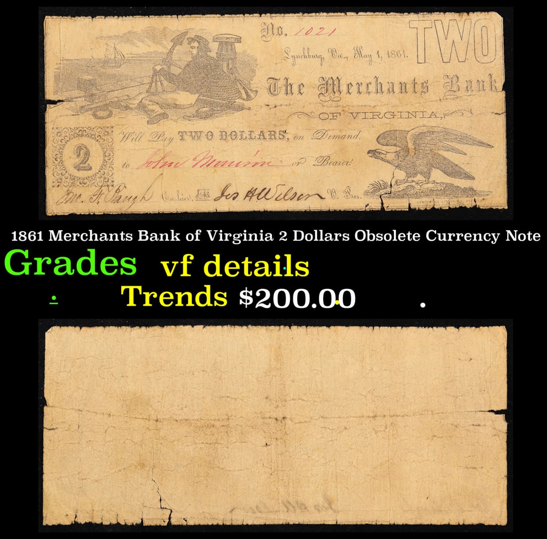 1861 Merchants Bank of Virginia 2 Dollars Obsolete Currency Note Grades vf details (1 of 3)