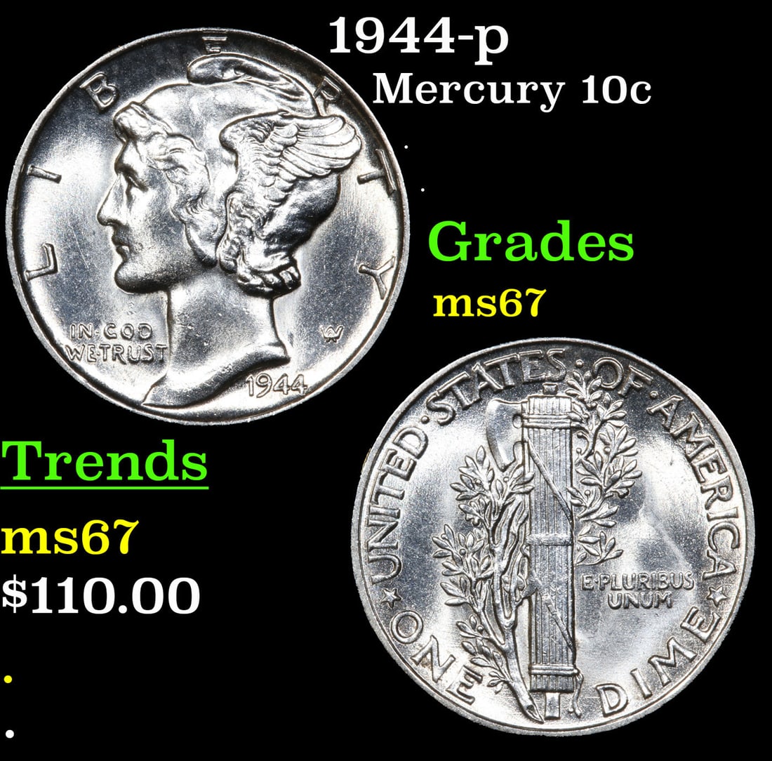 1944-p Mercury Dime 10c Grades GEM++ Unc (1 of 3)
