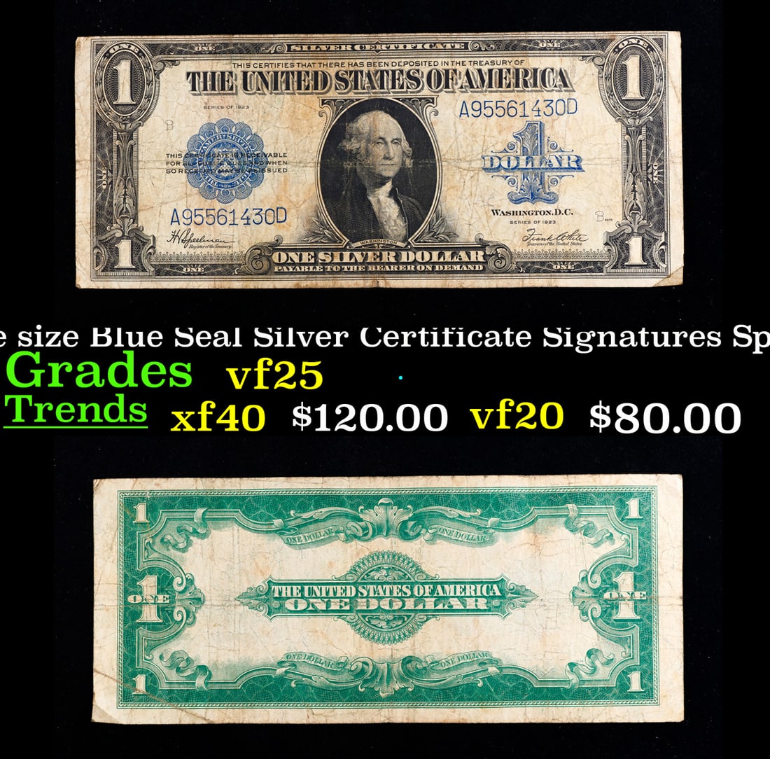 1923 $1 large size Blue Seal Silver Certificate Grades vf+ Signatures Speelman/White: 1923 $1 large size Blue Seal Silver Certificate Grades vf+ Signatures Speelman/White. Fr-237 The term “horse blanket” gets used a lot when talking about large size currency. It is most frequen