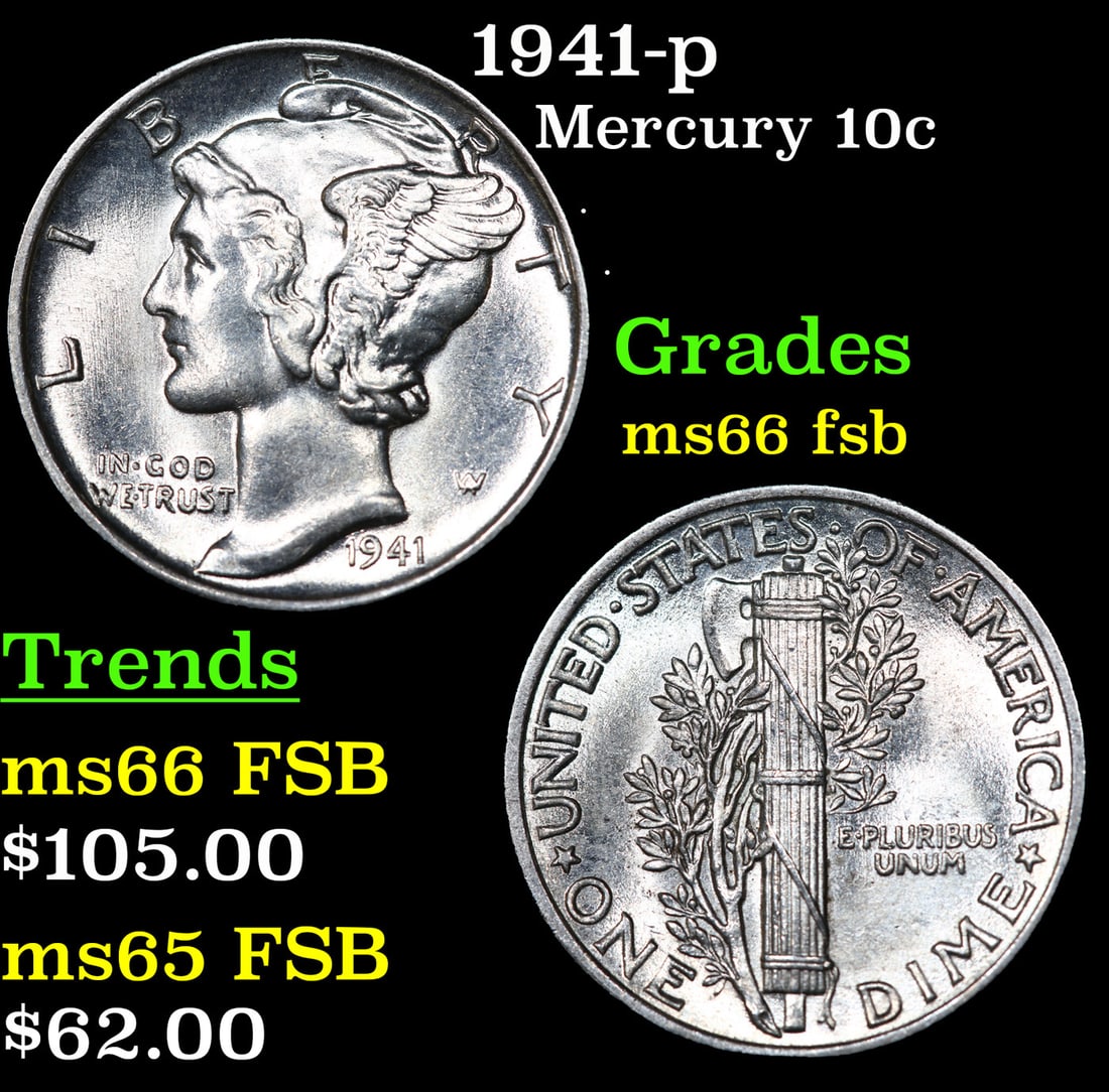 1941-p Mercury Dime 10c Grades GEM+ FSB (1 of 3)