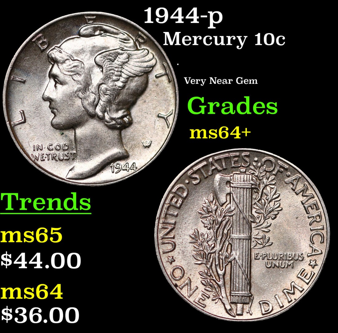 1944-p Mercury Dime 10c Grades Choice+ Unc (1 of 3)