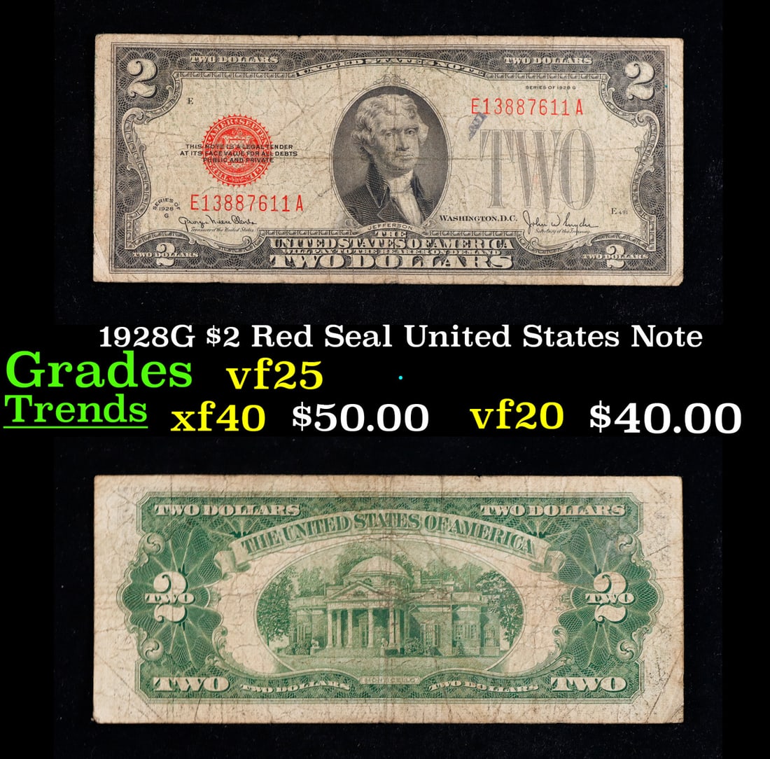 1928G $2 Red Seal United States Note Grades vf+: 1928G $2 Red Seal United States Note Grades vf+. FR-1508 Two dollar bills from the series of 1928 are called 1928 $2 legal tenders. All legal tenders have a red seal. 1928 was also the first year that
