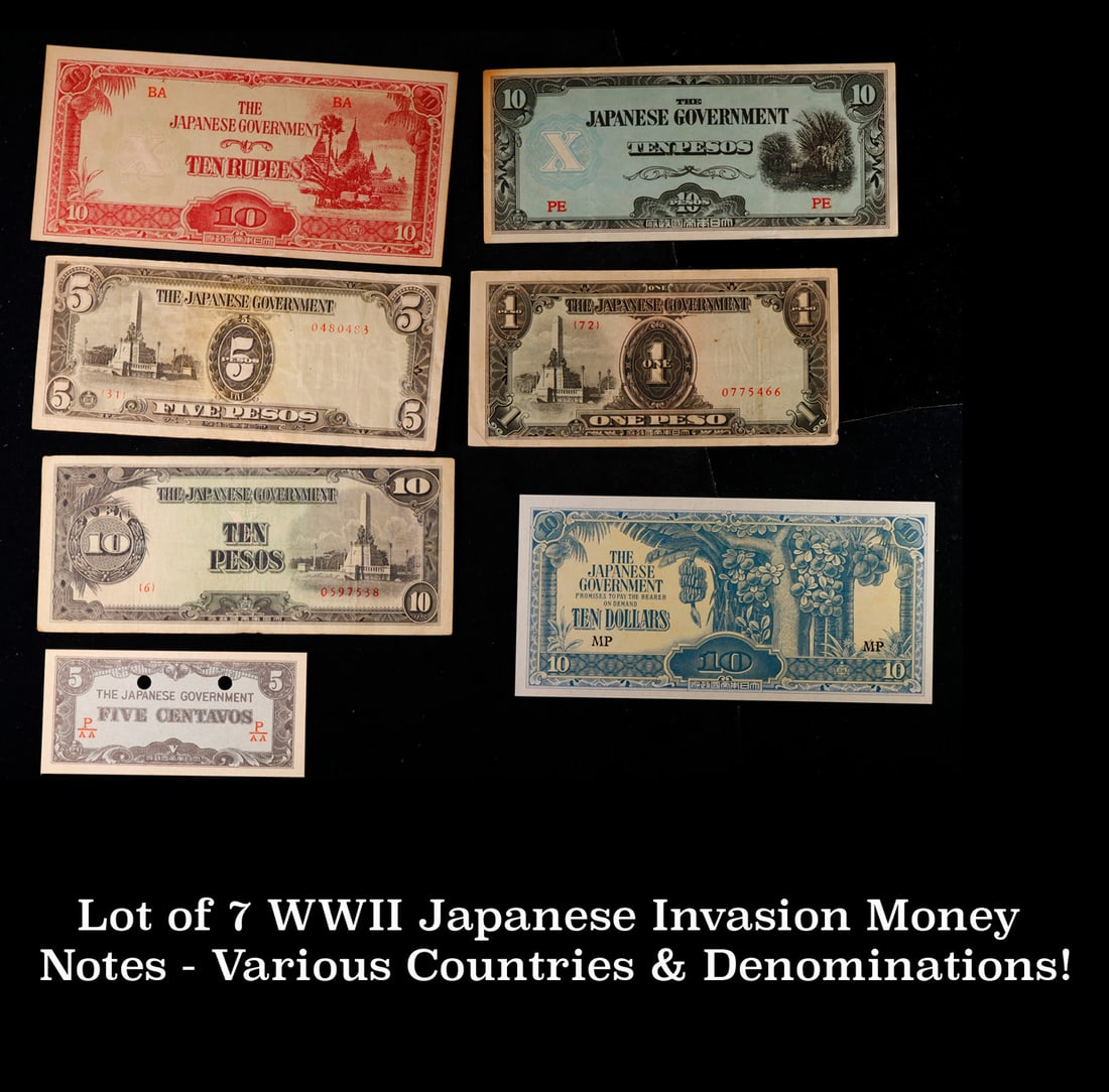 Lot of 7 WWII Japanese Invasion Money Notes - Various Countries & Denominations! Grades (1 of 3)