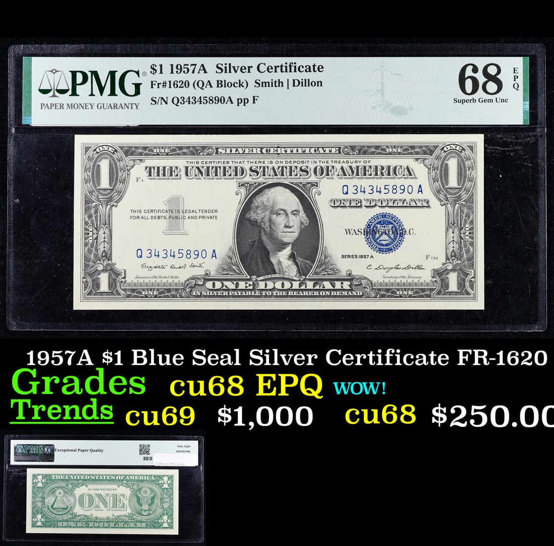 ***Auction Highlight*** 1957A $1 Blue Seal Silver Certificate FR-1620 Graded cu68 EPQ By PMG (fc) (1 of 3)