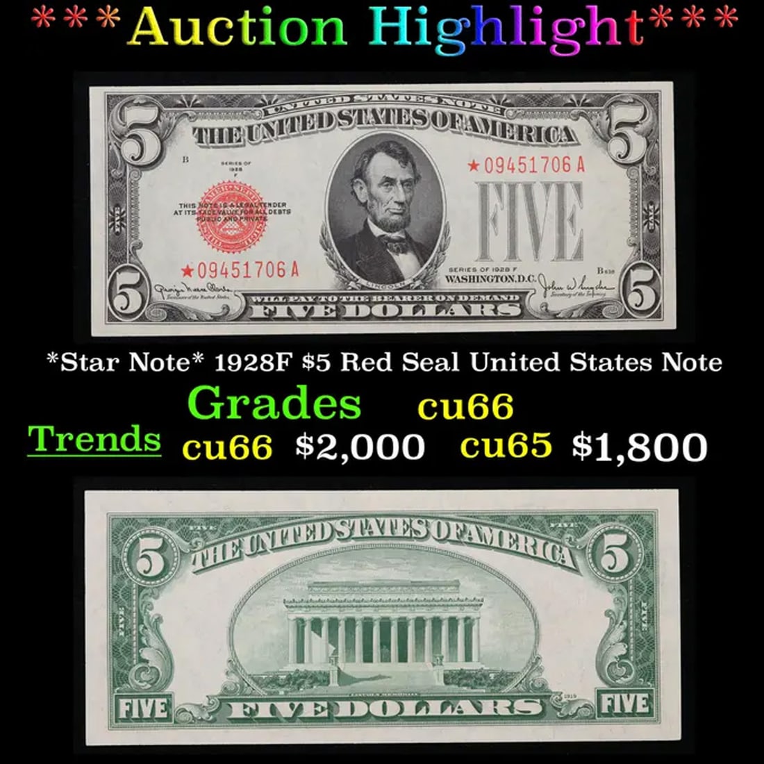 ***Auction Highlight*** *Star Note* 1928F $5 Red Seal United States Note Grades Gem+ CU (fc) (1 of 3)