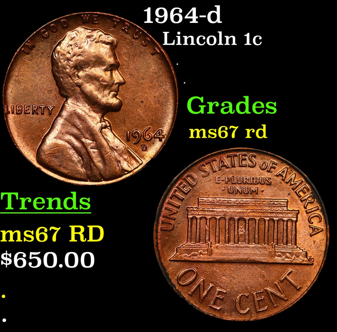 1964-d Lincoln Cent 1c Grades GEM++ Unc RD: 1964-d Lincoln Cent 1c Grades GEM++ Unc RD.