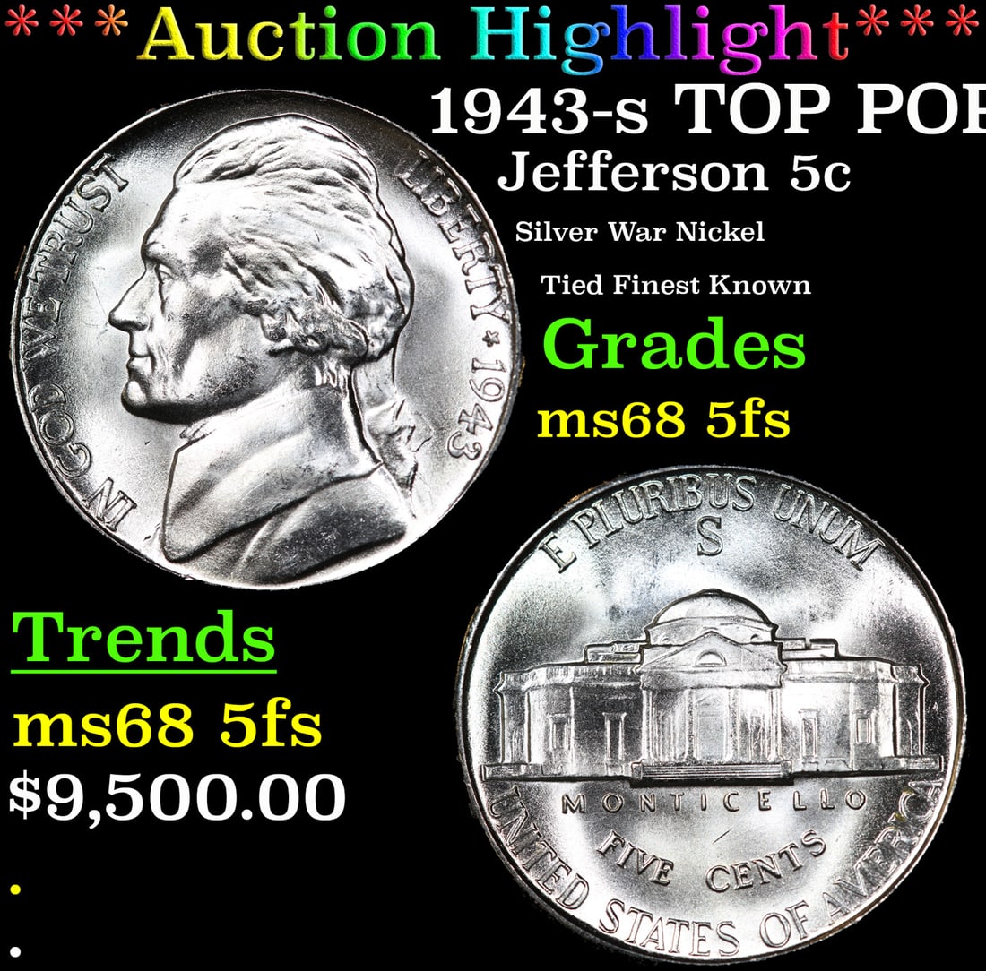***Auction Highlight*** 1943-s Jefferson Nickel TOP POP! 5c Graded ms68 5fs BY SEGS (fc) (1 of 3)