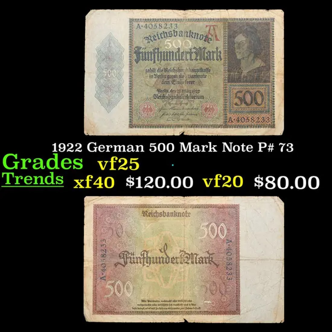 1922 German 500 Mark Note P# 73 Grades vf+ (1 of 3)