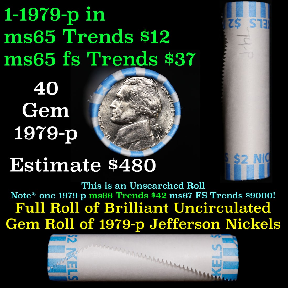 BU Shotgun Jefferson 5c roll, 1974-p 40 pcs Bank $2 Nickel Wrapper: BU Shotgun Jefferson 5c roll, 1974-p 40 pcs Bank $2 Nickel Wrapper.