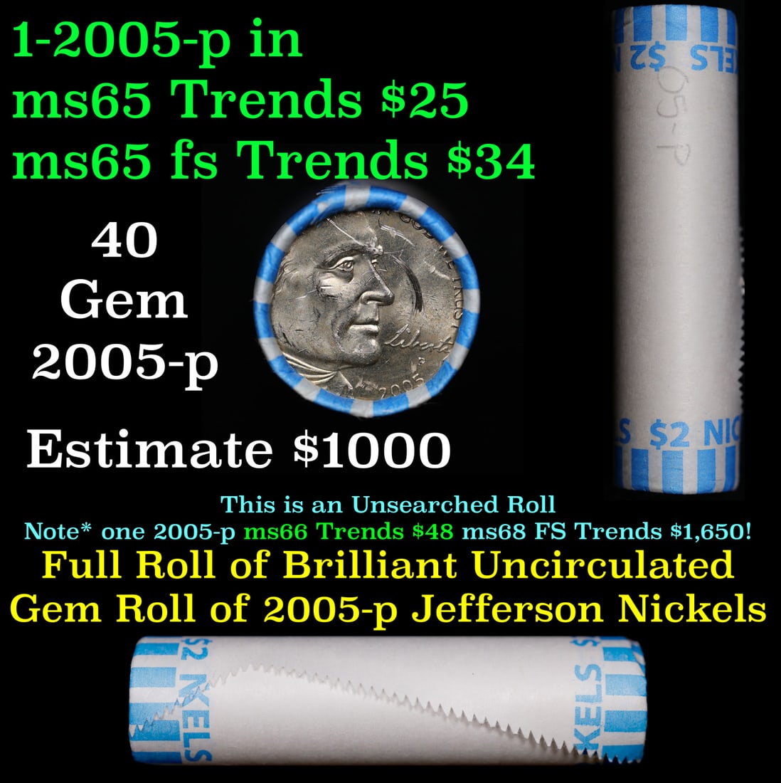 BU Shotgun Jefferson 5c roll,2005-p Ocean 40 pcs Bank $2 Nickel Wrapper: BU Shotgun Jefferson 5c roll,2005-p Ocean 40 pcs Bank $2 Nickel Wrapper.