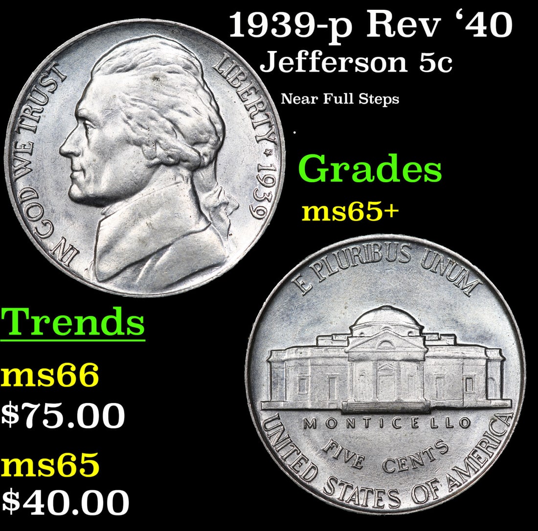 1939-p Rev '40 Jefferson Nickel 5c Grades GEM+ Unc (1 of 3)