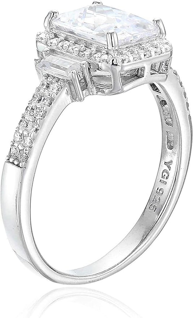 Decadence Sterling SIlver 6x8mm Emerald 3 Stone Engagement Ring with 2x4mm baguette Side Stones Size: Decadence Sterling SIlver 6x8mm Emerald 3 Stone Engagement Ring with 2x4mm baguette Side Stones Size 6. STERLING SILVER: This product is made of solid Sterling Silver and each piece is carefully trade