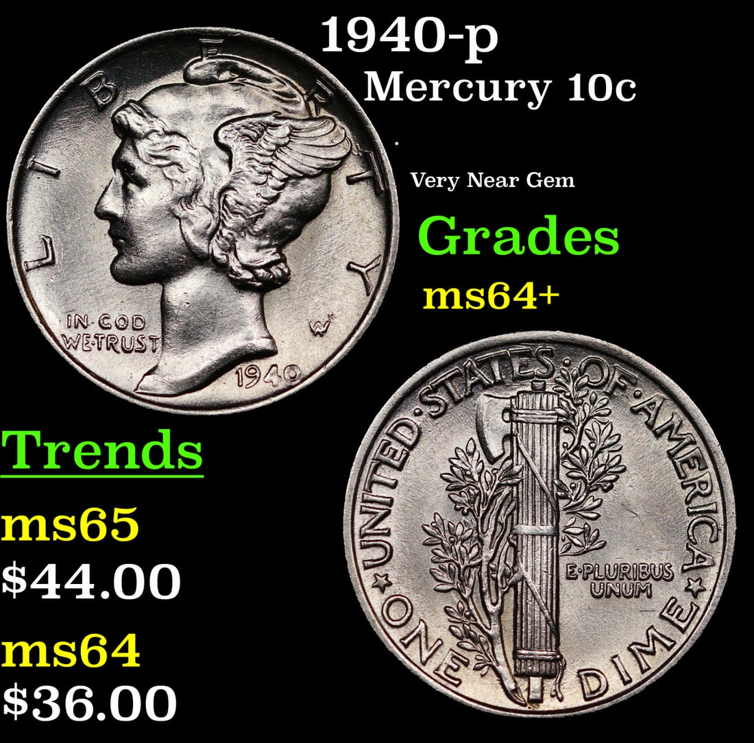 1940-p Mercury Dime 10c Grades Choice+ Unc (1 of 3)