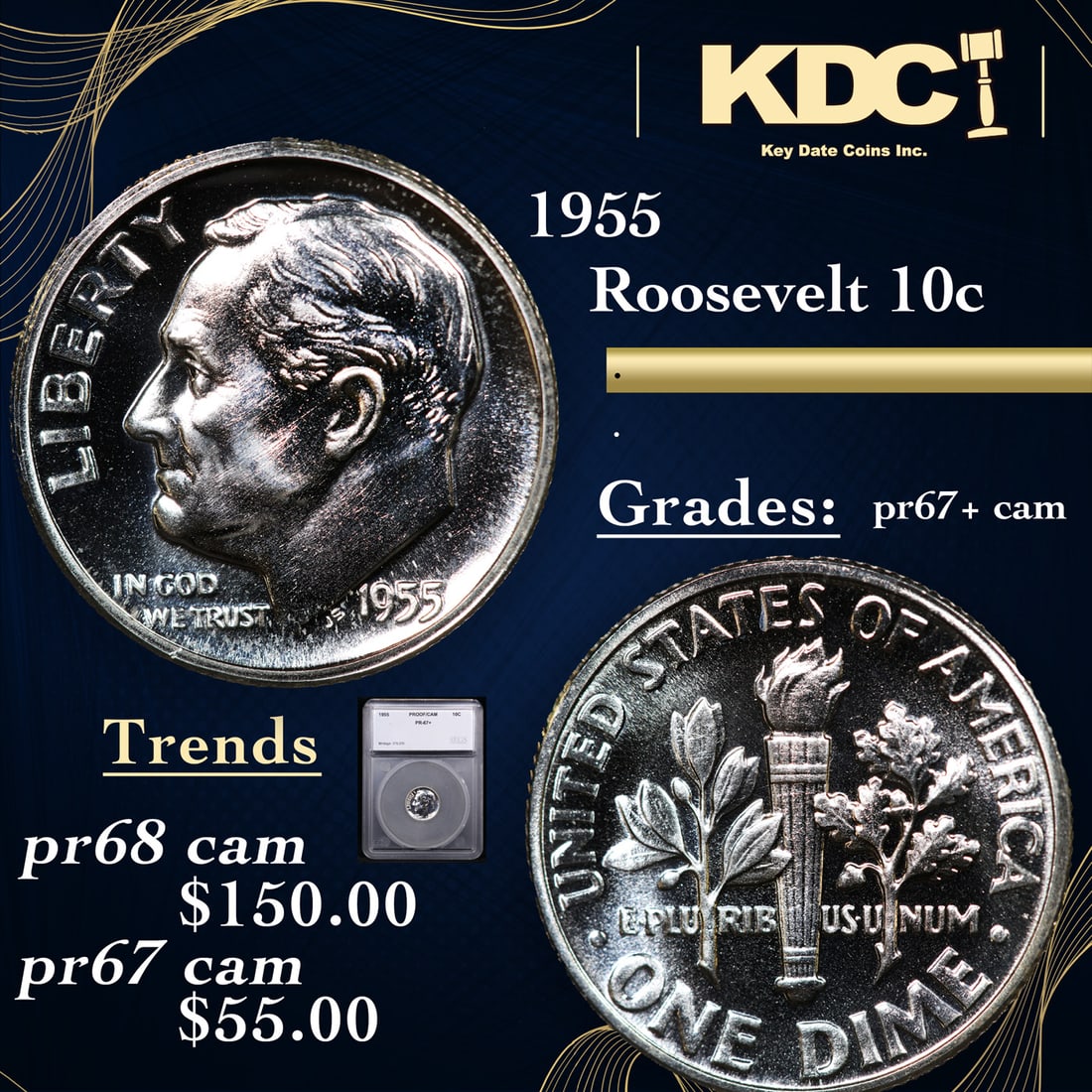 Proof 1955 Roosevelt Dime 10c Grades GEM++ Proof Cameo BY SEGS (1 of 5)
