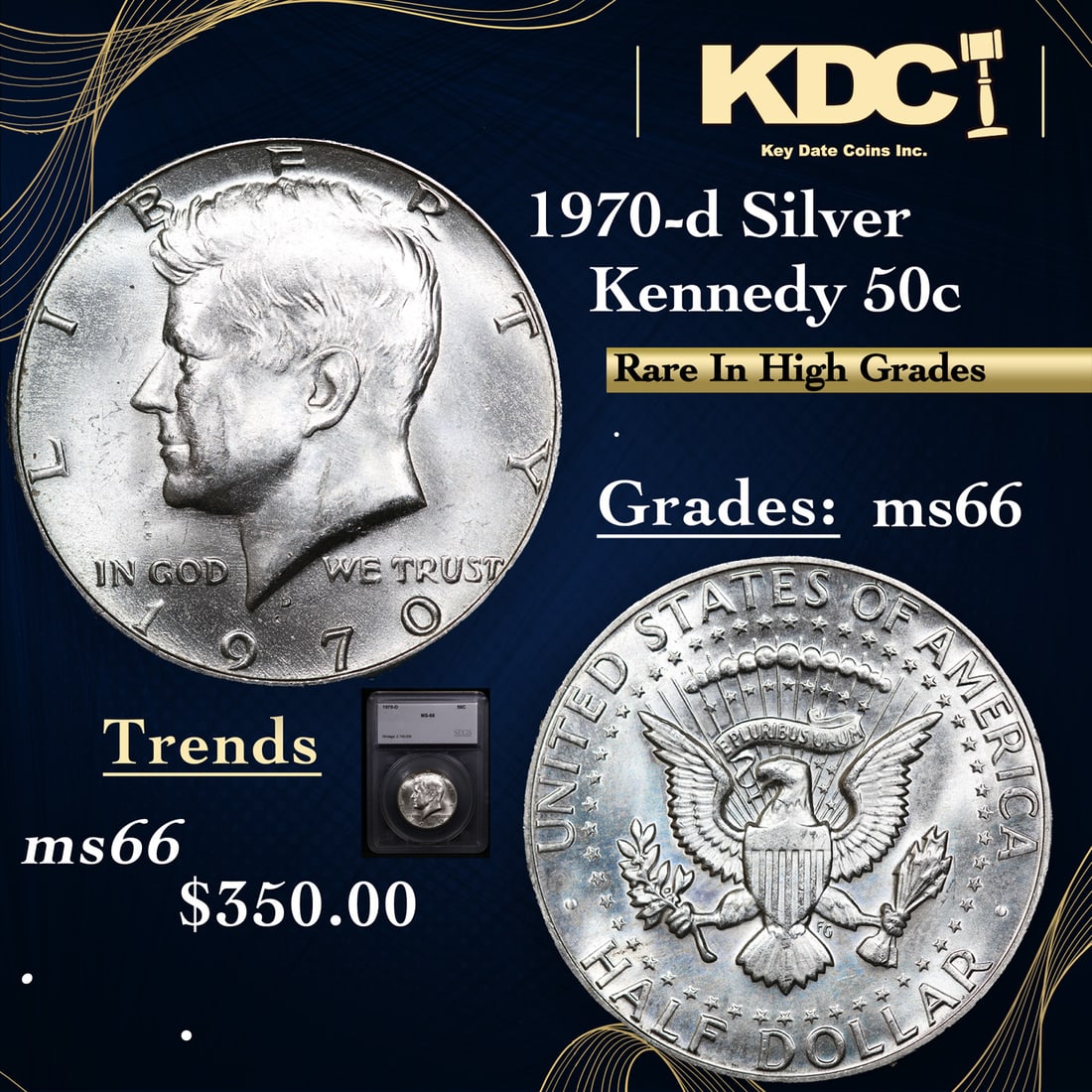 1970-d Kennedy Half Dollar Silver 50c Graded ms66 BY SEGS (1 of 5)
