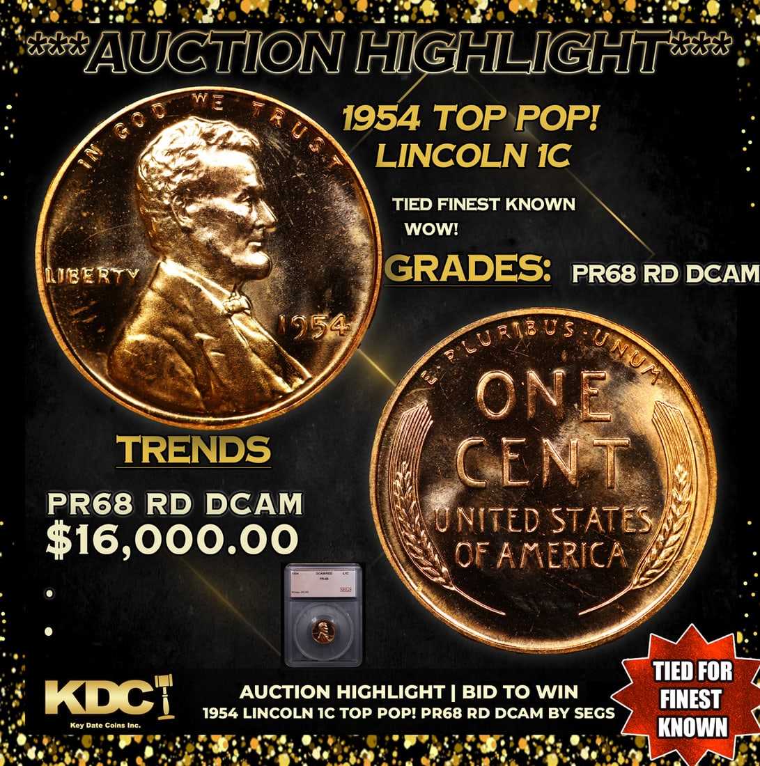 Proof ***Auction Highlight*** 1954 Lincoln Cent TOP POP! 1c Graded pr68 rd dcam BY SEGS (fc) (1 of 5)