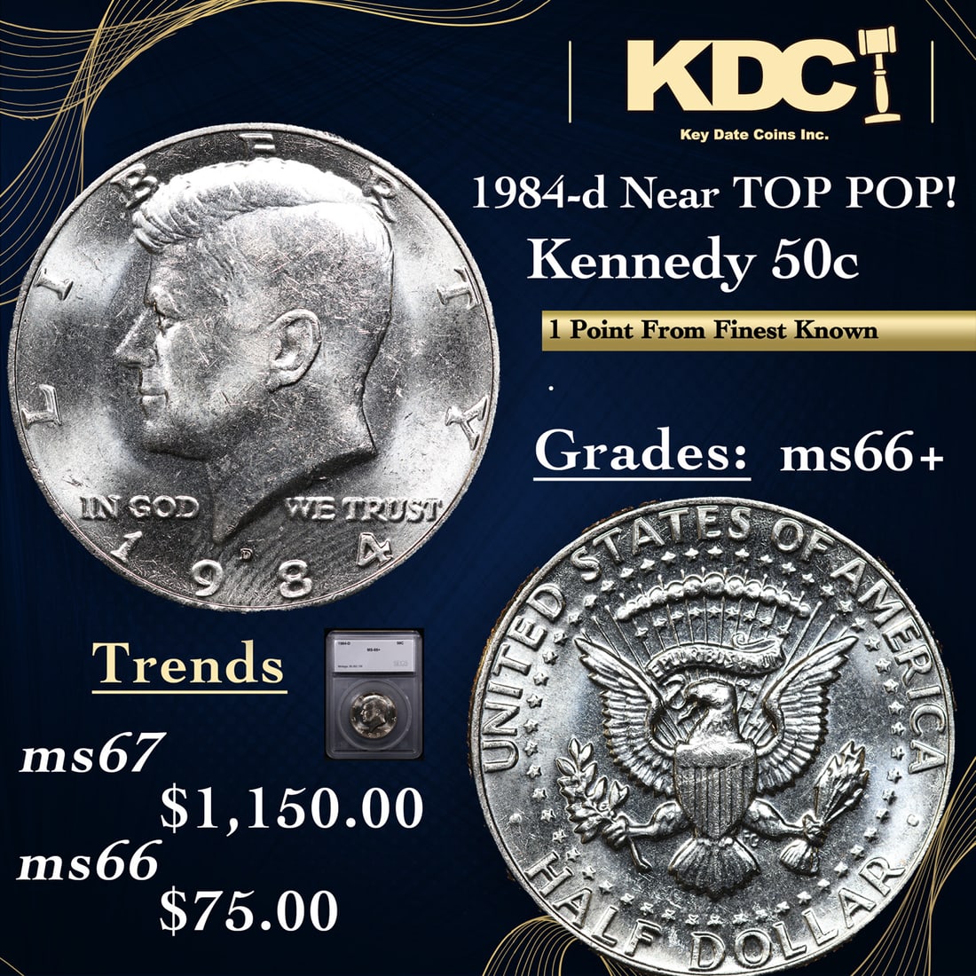 1984-d Kennedy Half Dollar Near TOP POP! 50c Graded ms66+ BY SEGS (1 of 5)