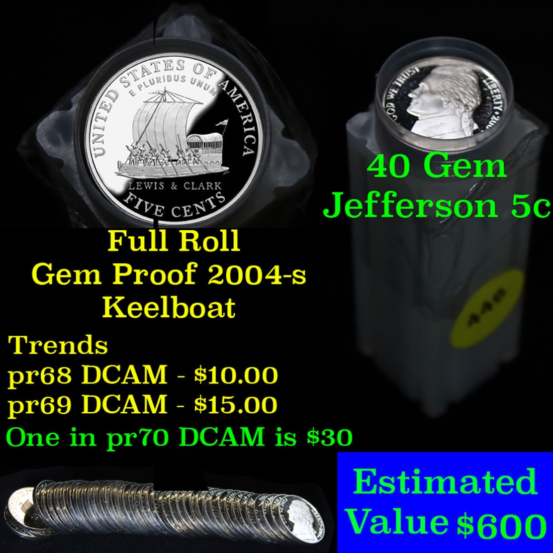 Proof 2004-s Keel Boat Jefferson Nickel 5c roll, 40 pieces (1 of 4)