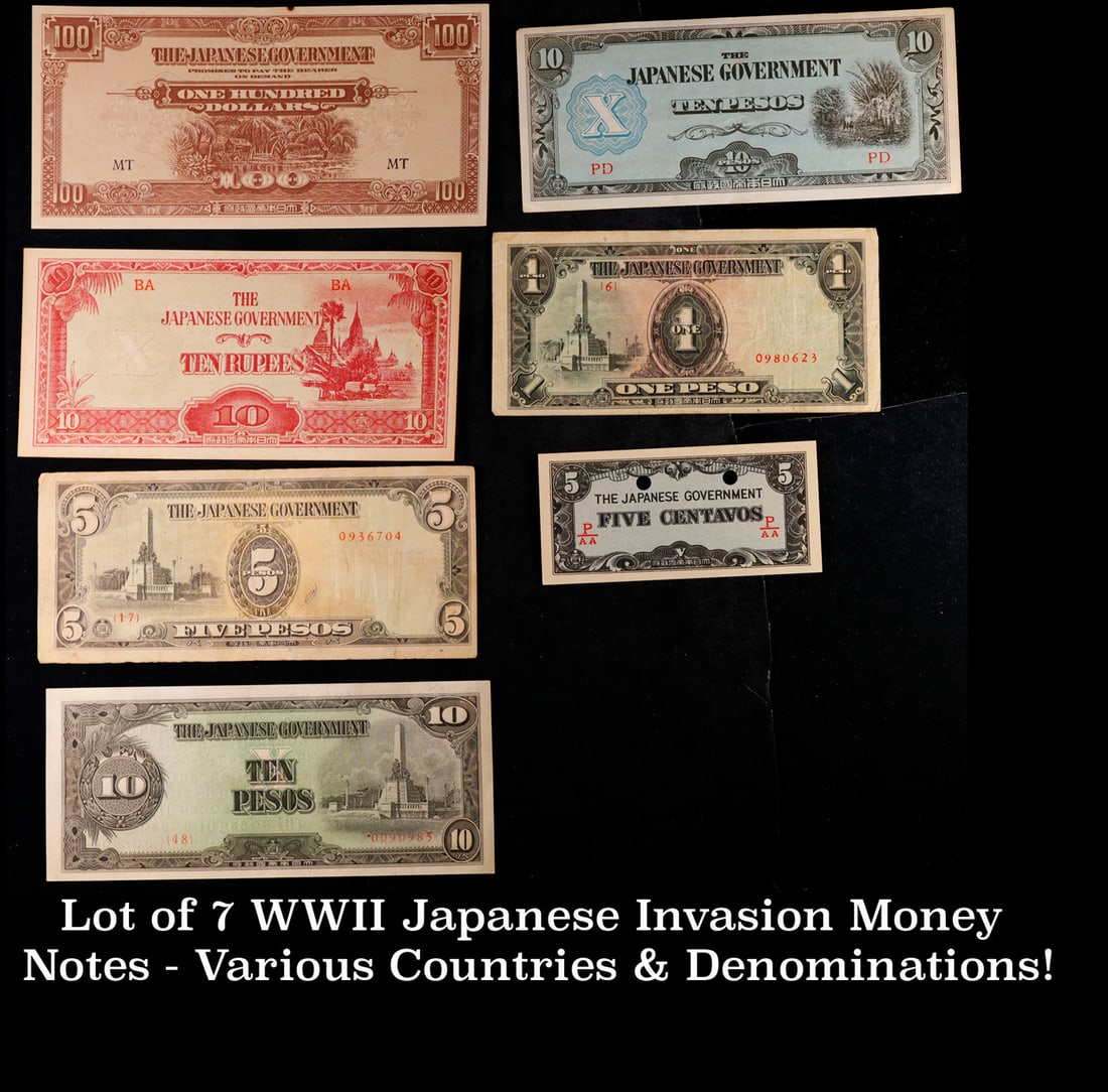 Lot of 7 WWII Japanese Invasion Money Notes - Various Countries & Denominations! Grades (1 of 3)