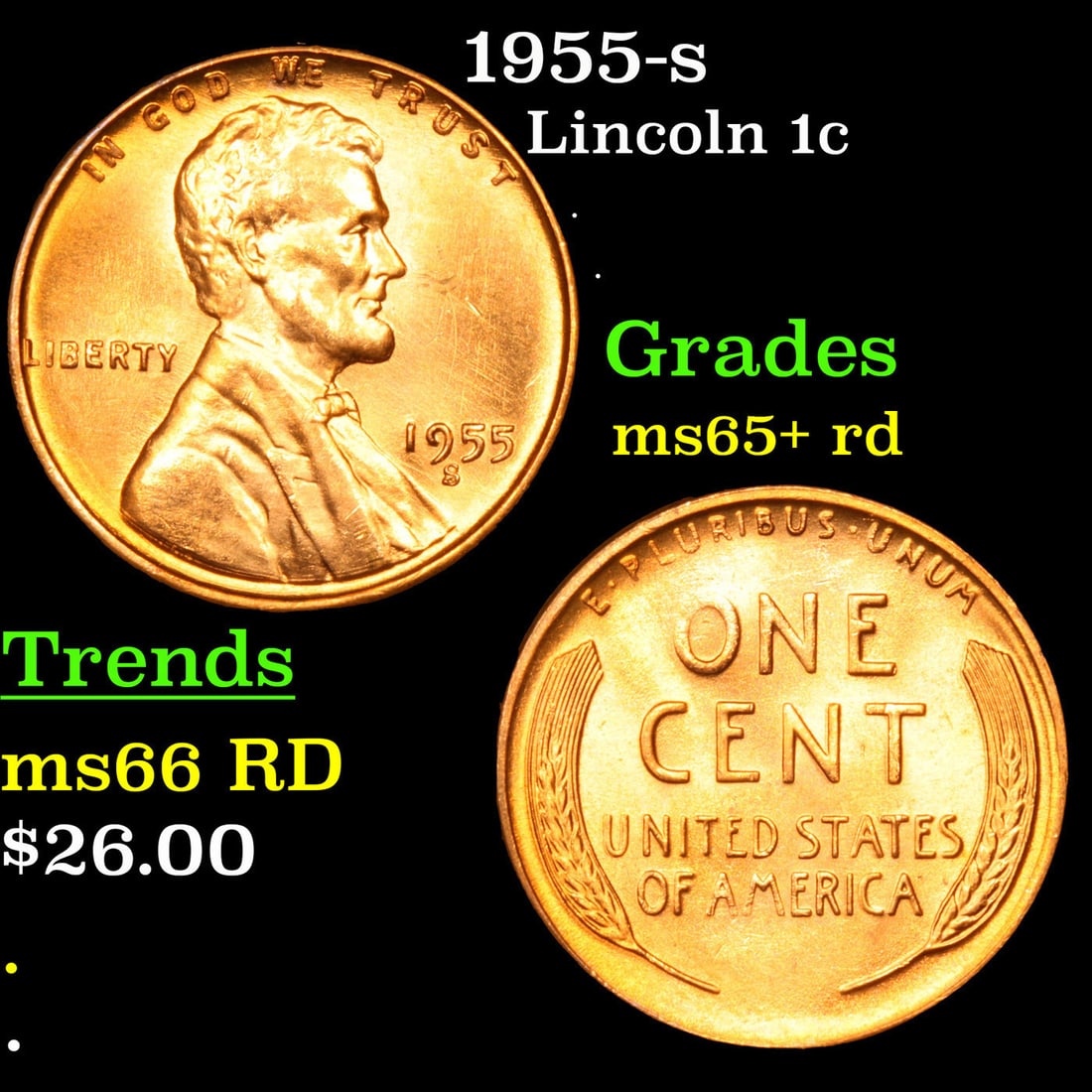 1955-s Lincoln Cent 1c Grades Gem+ Unc RD (1 of 3)