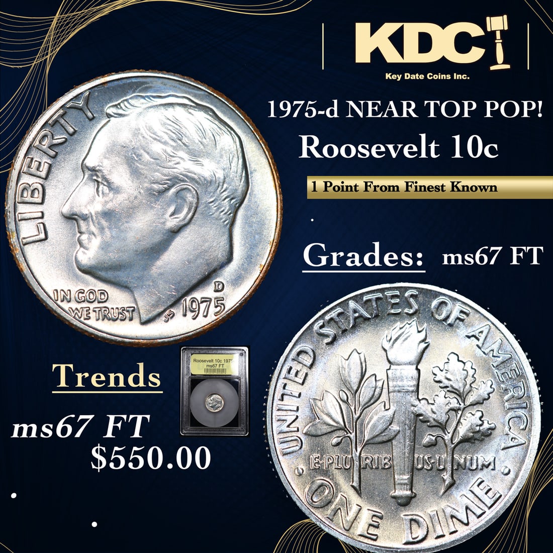 1975-d Roosevelt Dime NEAR TOP POP! 10c Graded Gem++ FT By USCG (1 of 5)