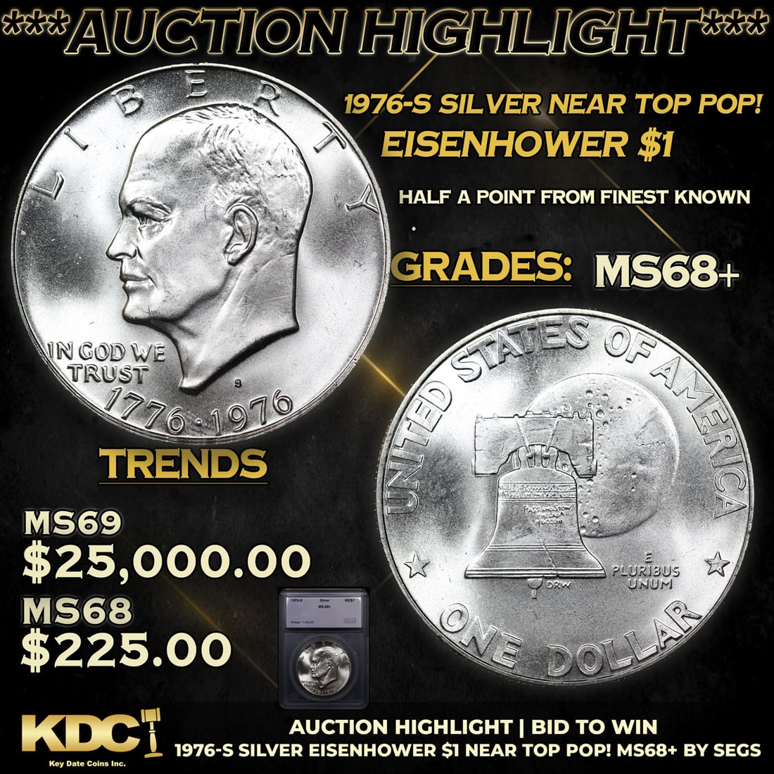 ***Auction Highlight*** 1976-s Silver Eisenhower Dollar Near TOP POP! $1 Graded ms68+ BY SEGS (fc) (1 of 5)