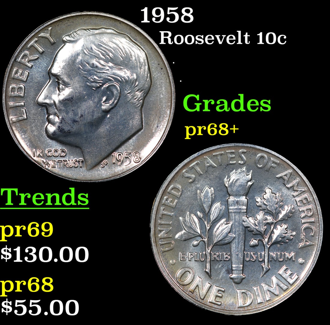 Proof 1958 Roosevelt Dime 10c Grades GEM++ Proof (1 of 3)