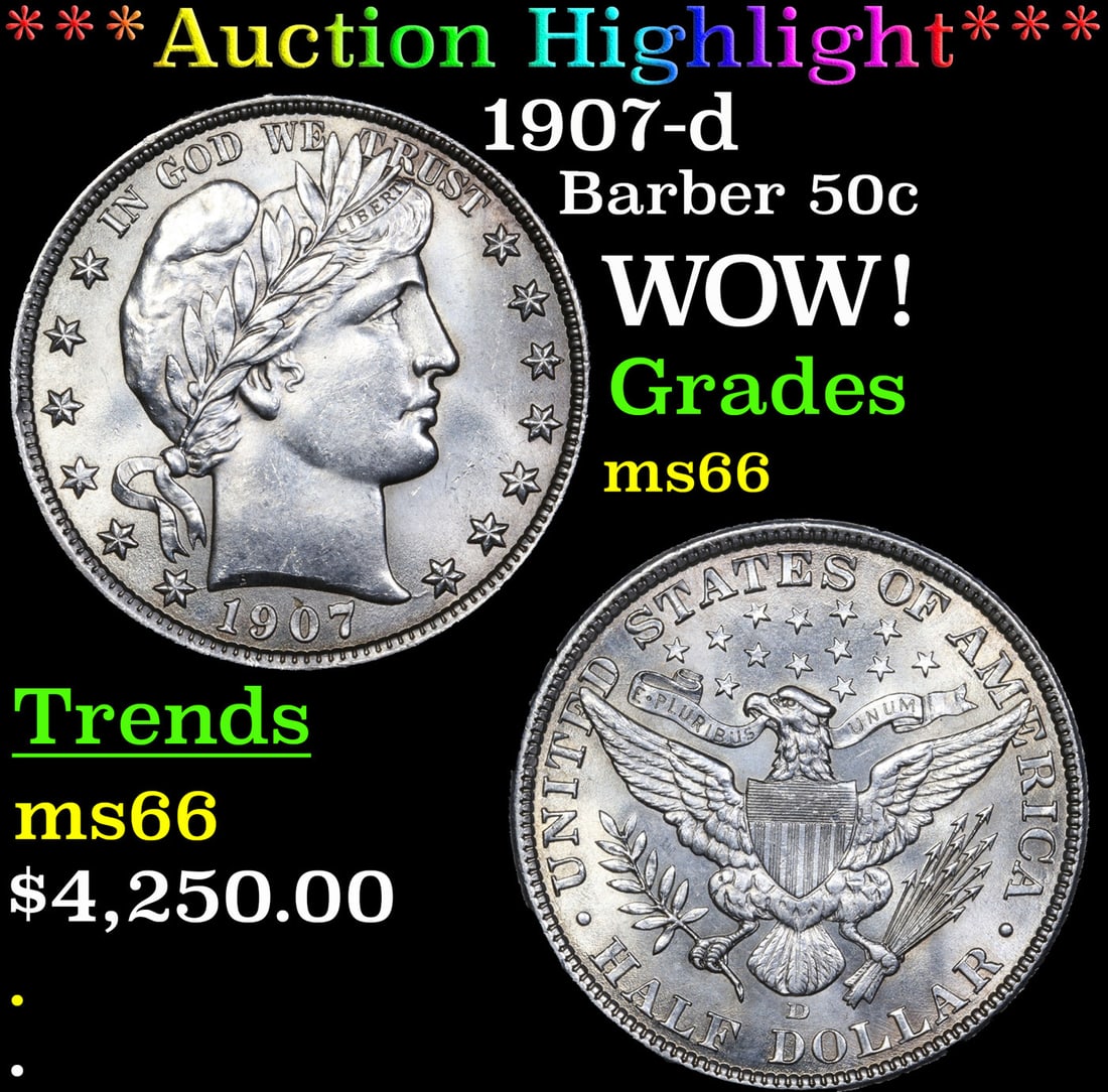 ***Auction Highlight*** 1907-d Barber Half Dollars 50c Graded ms66 BY SEGS (fc) (1 of 5)