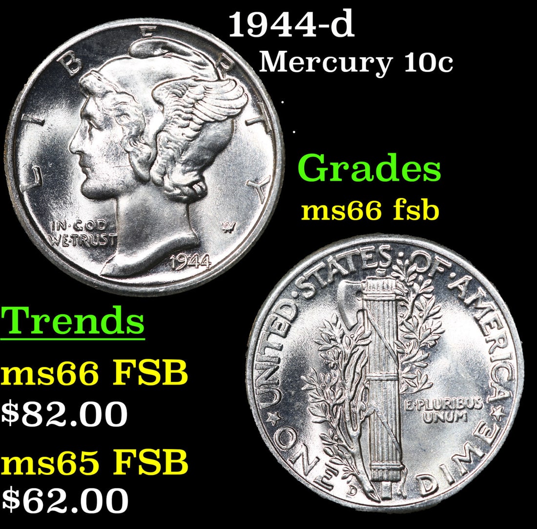 1944-d Mercury Dime 10c Grades GEM+ FSB: 1944-d Mercury Dime 10c Grades GEM+ FSB.