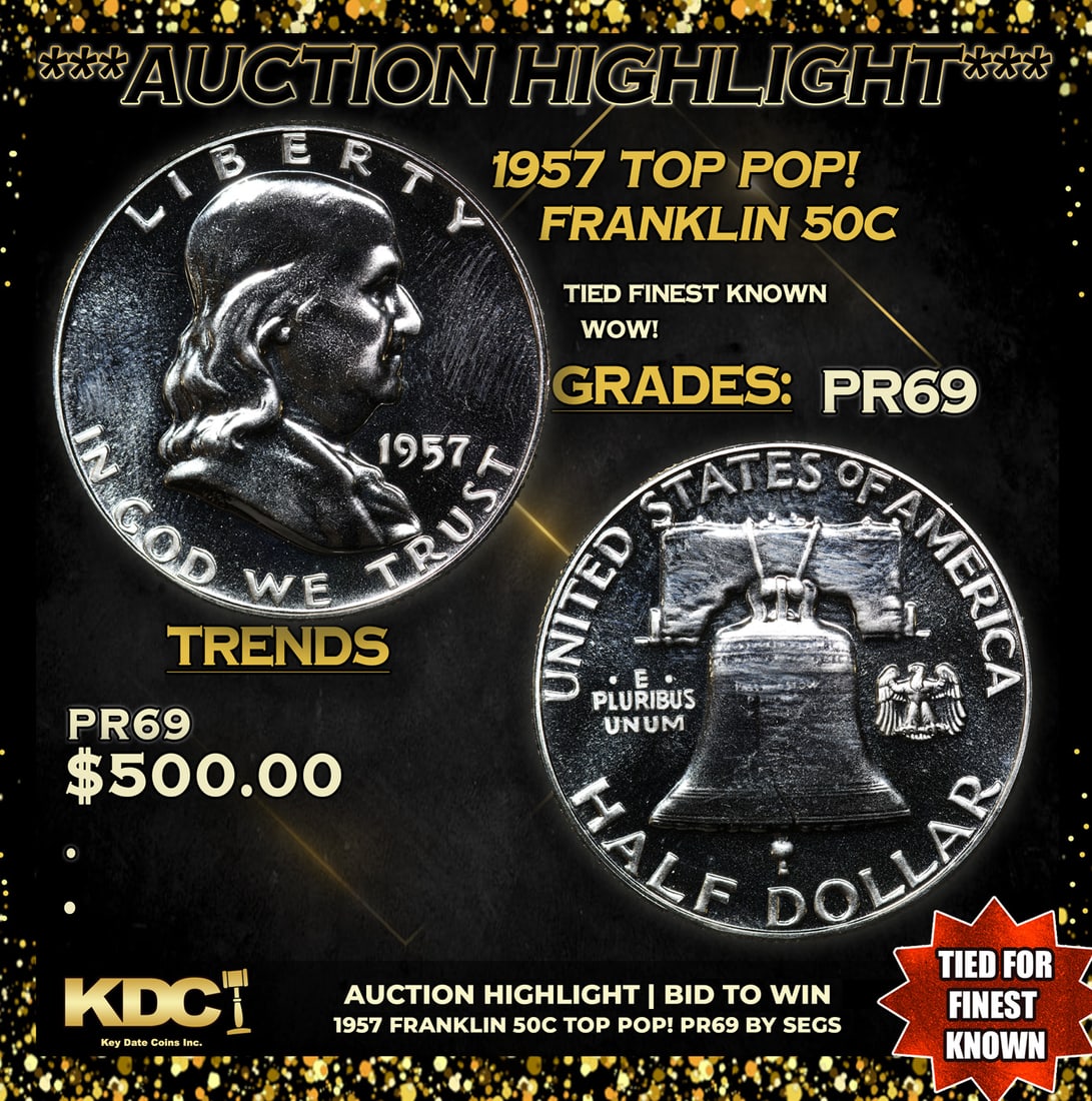 Proof ***Auction Highlight*** 1957 Franklin Half Dollar TOP POP! 50c Graded pr69 BY SEGS (fc) (1 of 5)