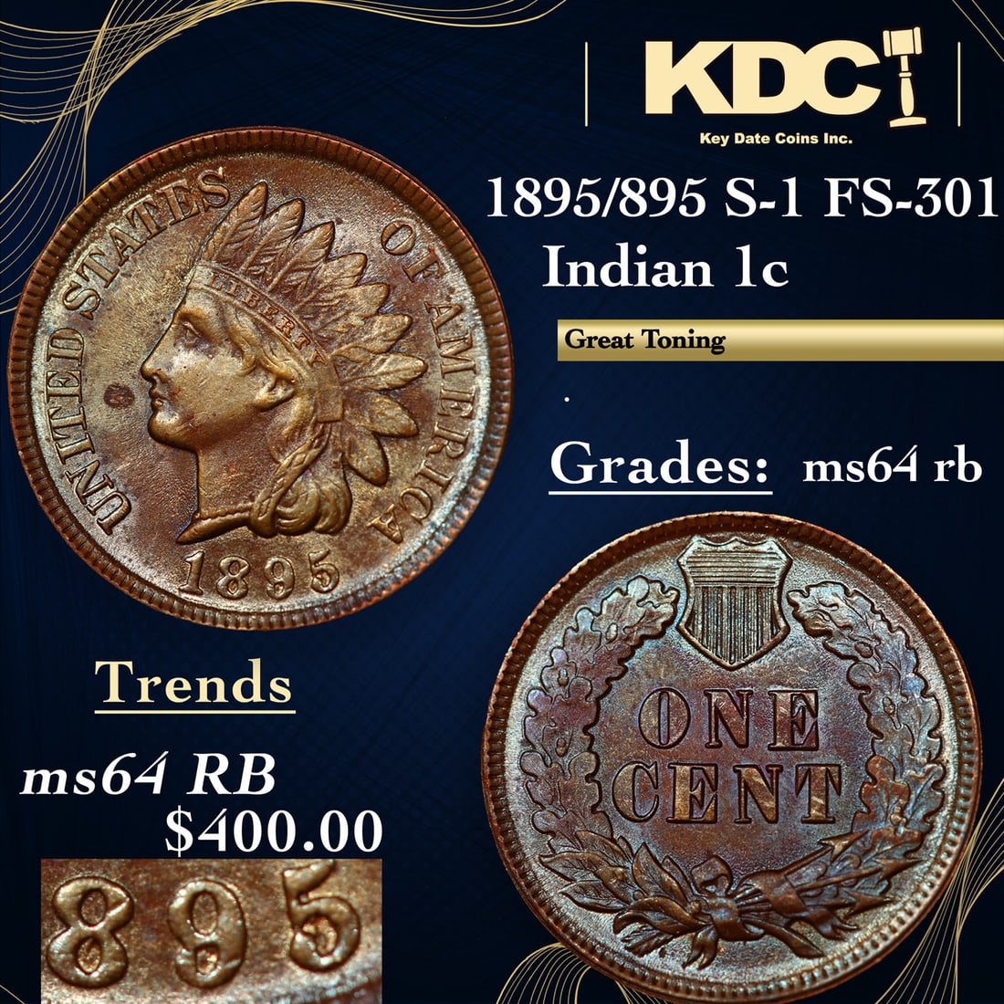 1895/895 S-1 FS-301 Indian Cent 1c Graded ms64 rb BY SEGS (1 of 5)