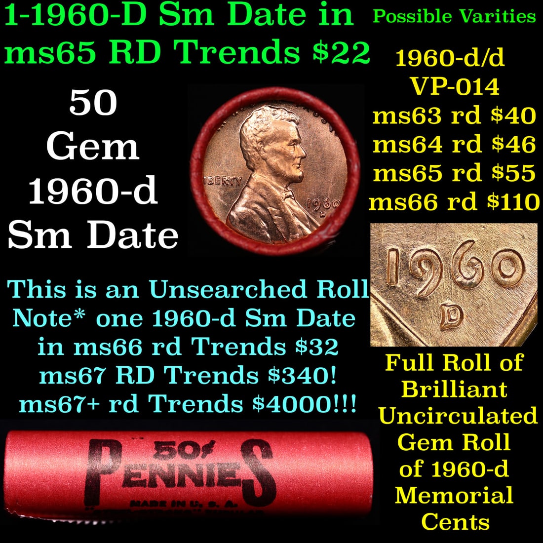 BU Shotgun Lincoln 1c roll, 1960-d 50 pcs Great Coney Island Wrapper 50c: BU Shotgun Lincoln 1c roll, 1960-d 50 pcs Great Coney Island Wrapper 50c. A terrific Shotgun roll of Lincoln cents in a Great Croney Island wrapper. Most if not all coins should be cherry red.