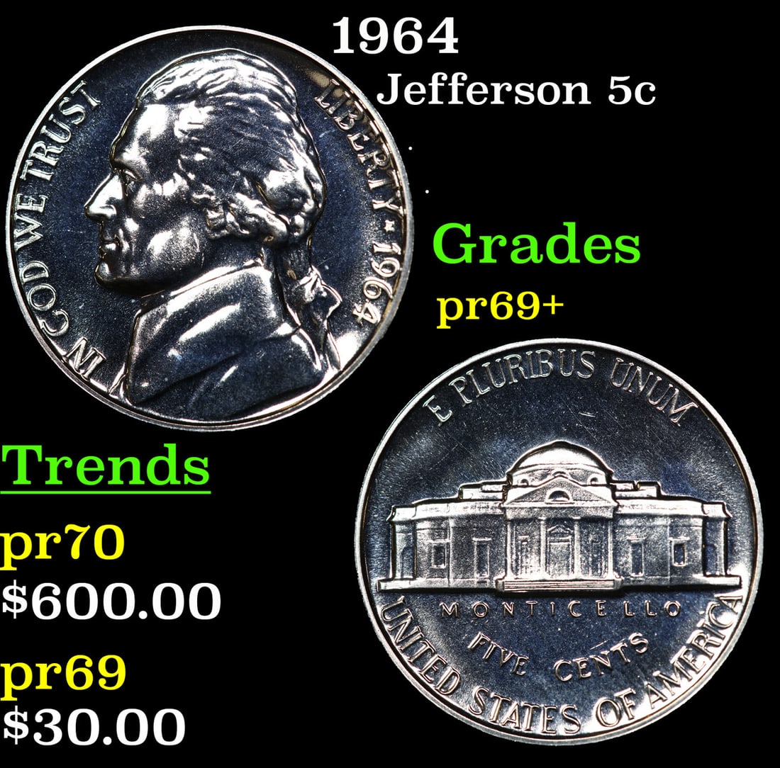 Proof 1964 Jefferson Nickel 5c Grades GEM++ Proof (1 of 3)