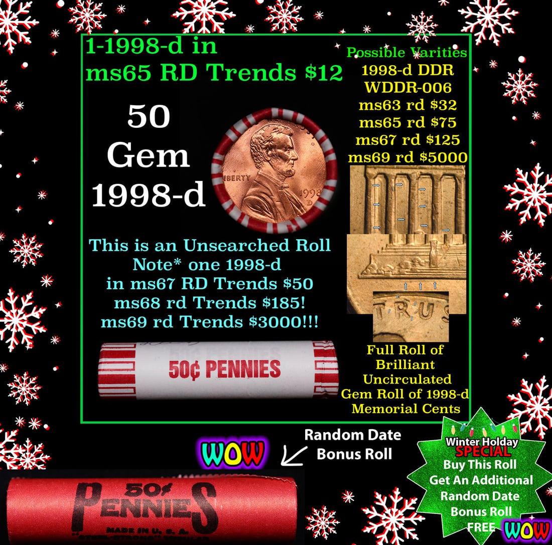 BU Shotgun Lincoln 1c roll, 1998-d 50 pcs Bank Wrapper 50c: BU Shotgun Lincoln 1c roll, 1998-d 50 pcs Bank Wrapper 50c. A terrific Shotgun roll of Lincoln cents in a Bank wrapper. Most if not all coins should be cherry red.
