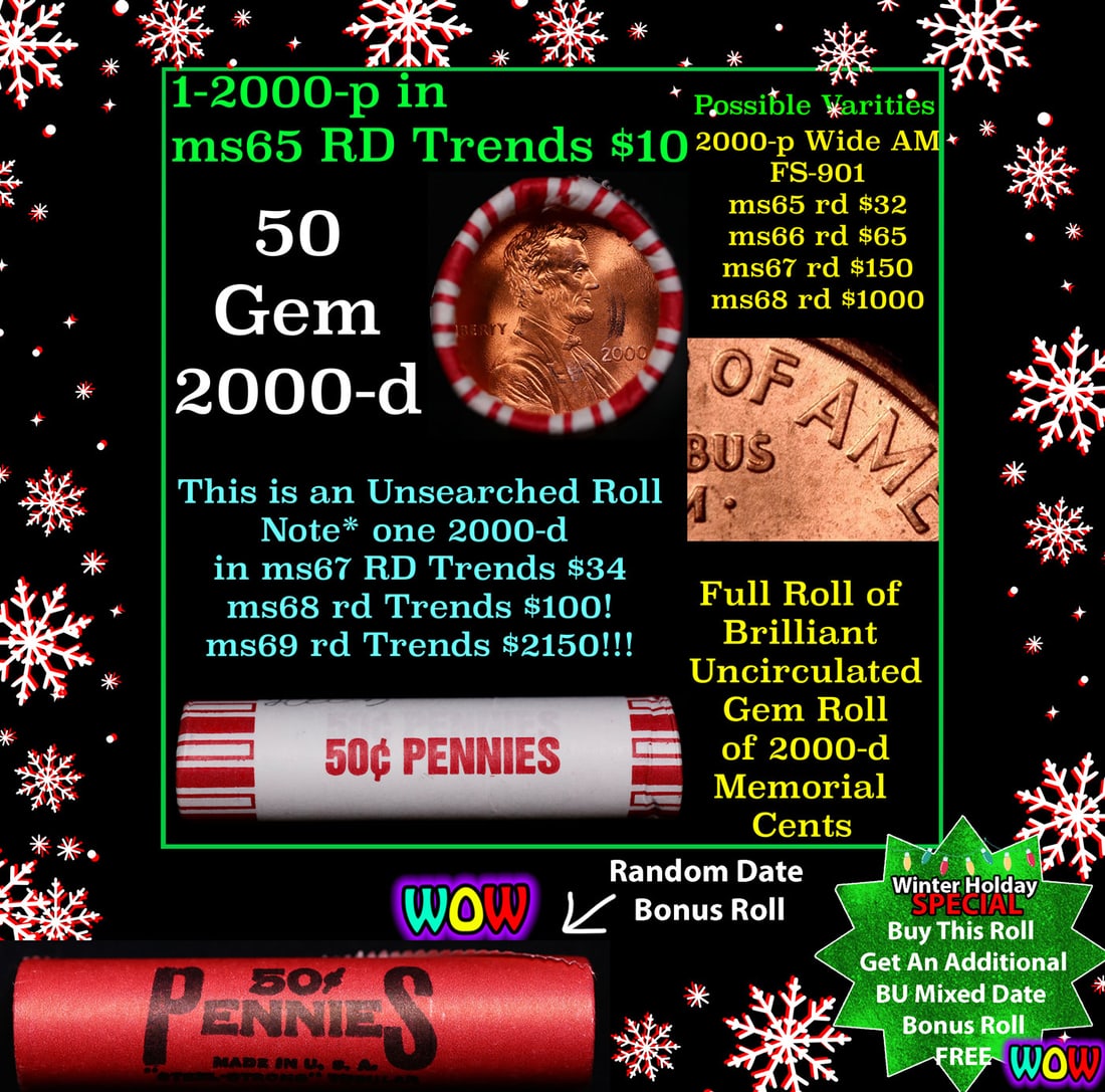 BU Shotgun Lincoln 1c roll, 2000-p 50 pcs Bank Wrapper. Winter Holiday SPECIAL WIN This Roll Get a (1 of 3)