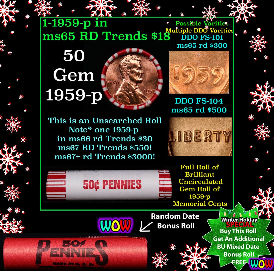 BU Shotgun Lincoln 1c roll, 1959-p 50 pcs Bank Wrapper 50c Winter Holiday SPECIAL WIN This Roll Get (1 of 2)
