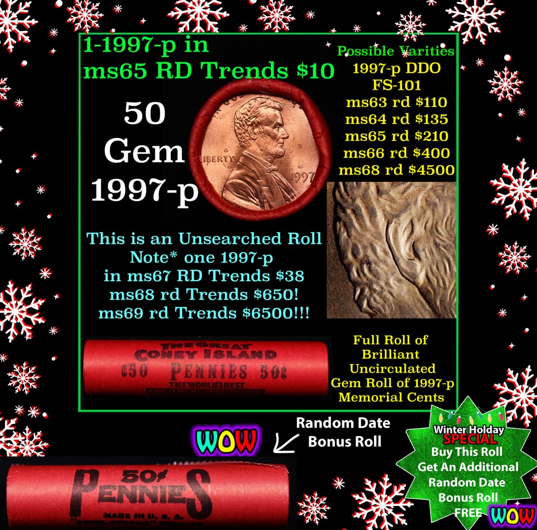 BU Shotgun Lincoln 1c roll, 1997-p 50 pcs Great Coney Island Wrapper 50c: BU Shotgun Lincoln 1c roll, 1997-p 50 pcs Great Coney Island Wrapper 50c. A terrific Shotgun roll of Lincoln cents in a Great Croney Island wrapper. Most if not all coins should be cherry red.