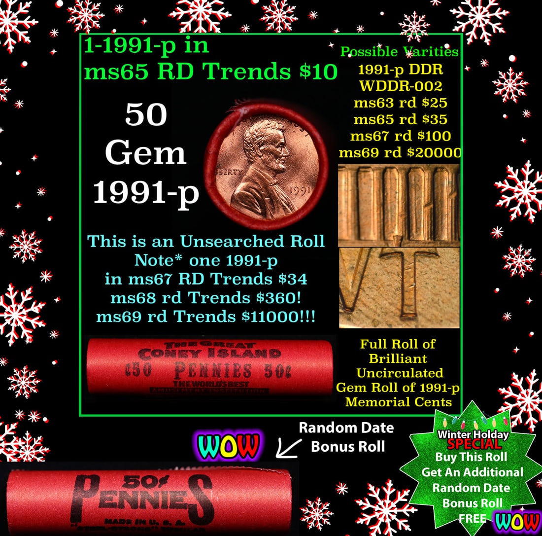 BU Shotgun Lincoln 1c roll, 1991-p 50 pcs Great Coney Island Wrapper 50c: BU Shotgun Lincoln 1c roll, 1991-p 50 pcs Great Coney Island Wrapper 50c. A terrific Shotgun roll of Lincoln cents in a Great Croney Island wrapper. Most if not all coins should be cherry red.