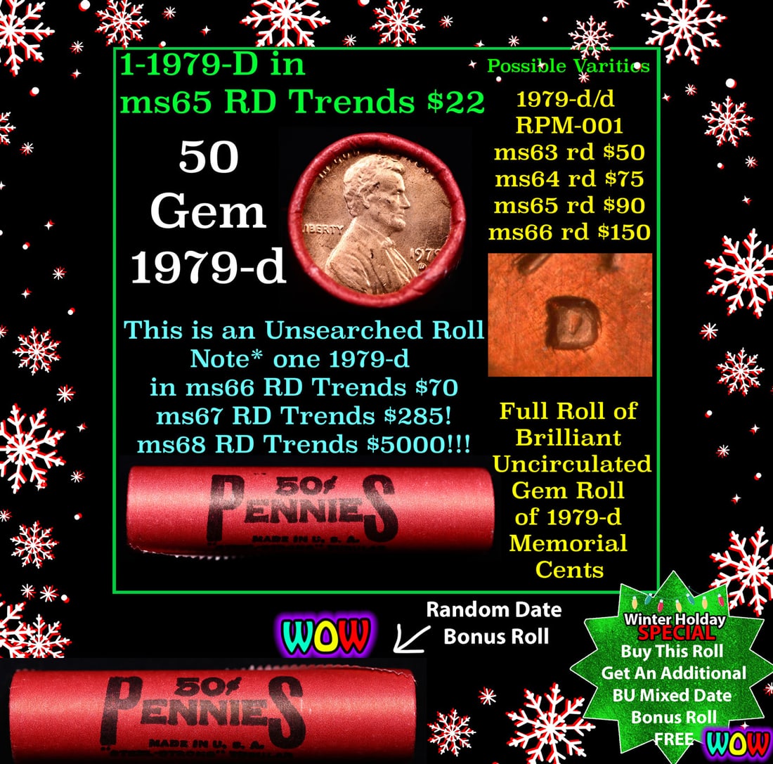 BU Shotgun Lincoln 1c roll, 1979-d 50 pcs Great Coney Island Wrapper 50c Winter Holiday SPECIAL WIN (1 of 3)
