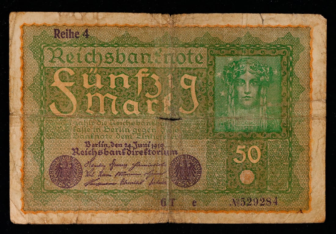 1915-1919 Germany (Empire) 50 Marks WWI Era Banknote P# 66 Grades f+ (1 of 3)