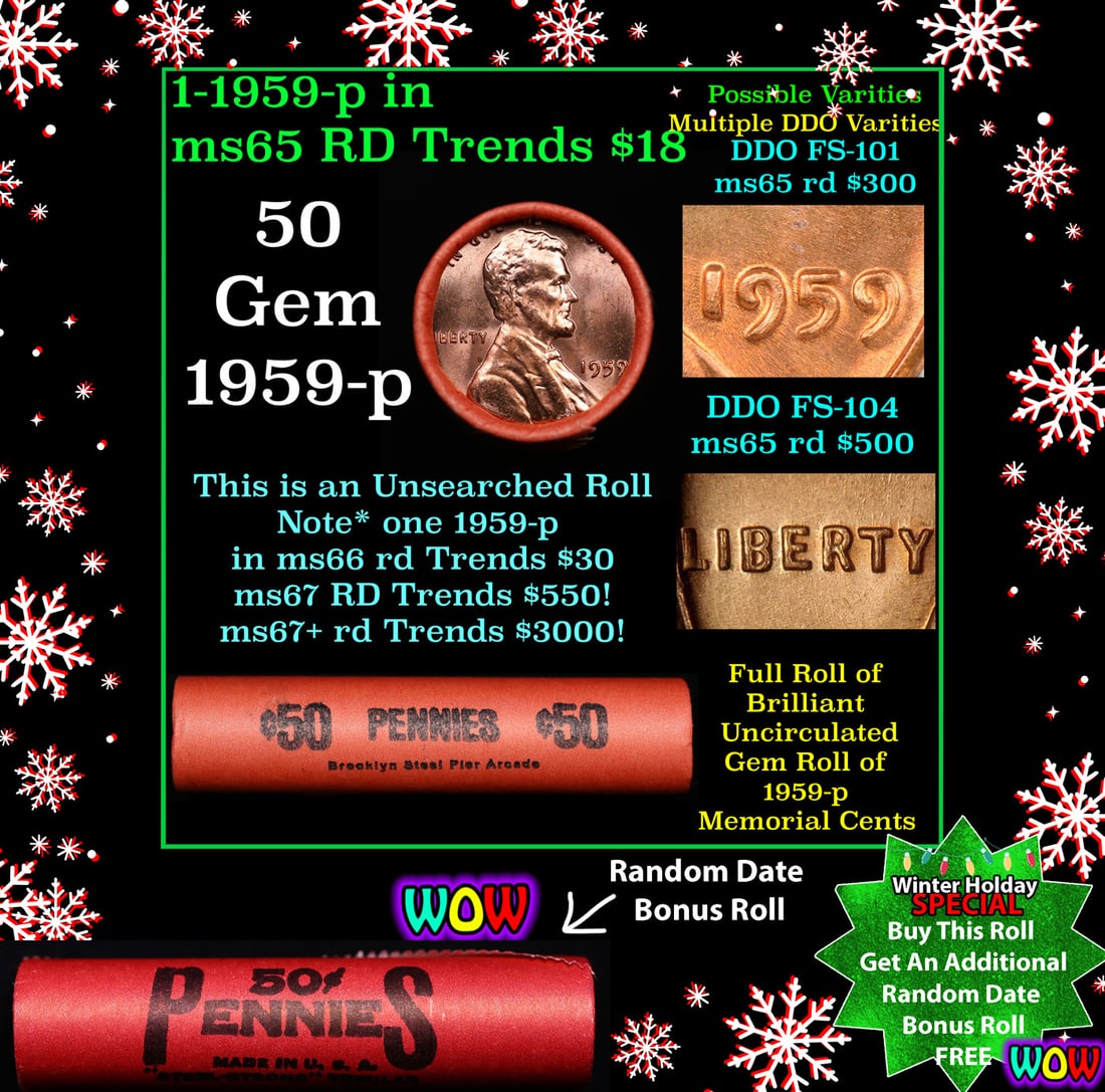 BU Shotgun Lincoln 1c roll, 1959-p 50 pcs Brooklyn Steel Pier Arcade Wrapper 50c: BU Shotgun Lincoln 1c roll, 1959-p 50 pcs Brooklyn Steel Pier Arcade Wrapper 50c. A terrific Shotgun roll of Lincoln cents in a Brooklyn Steel Pier Arcade wrapper. Most if not all coins should be cher
