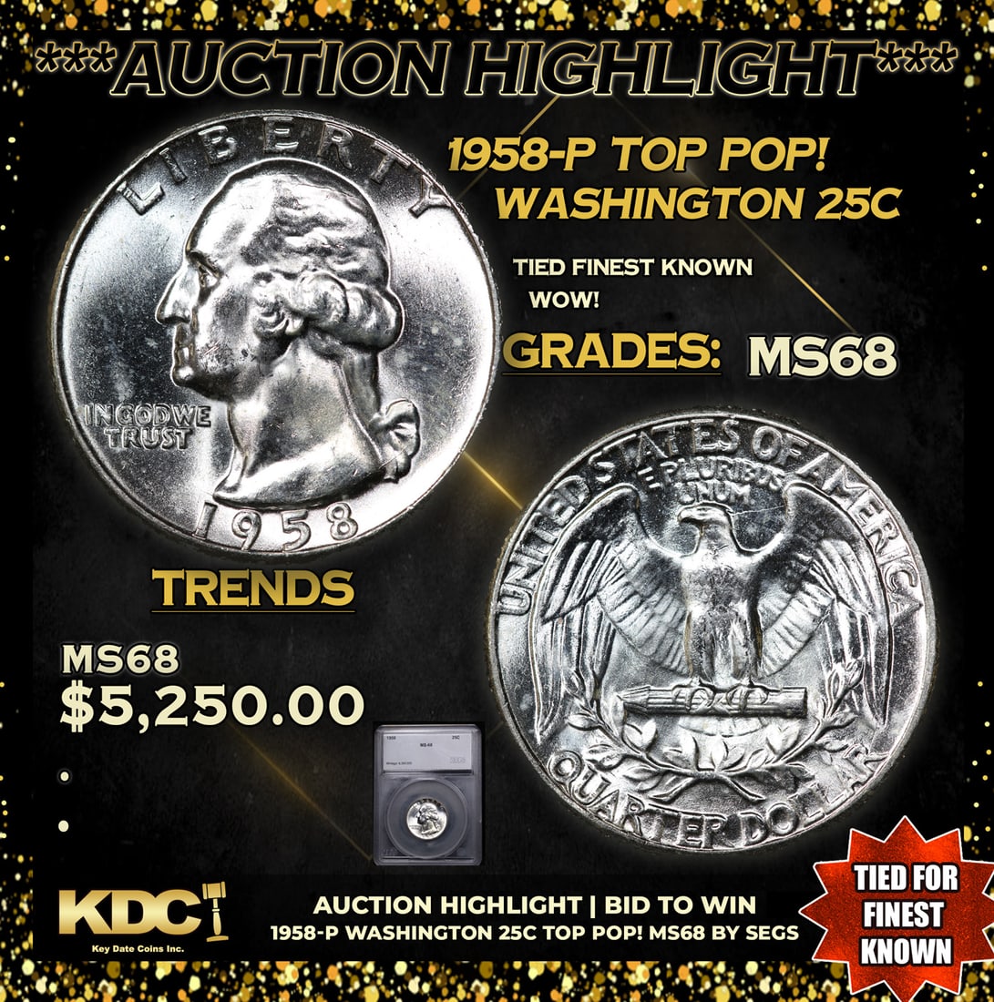 ***Auction Highlight*** 1958-p Washington Quarter TOP POP! 25c Graded ms68 BY SEGS (fc) (1 of 5)