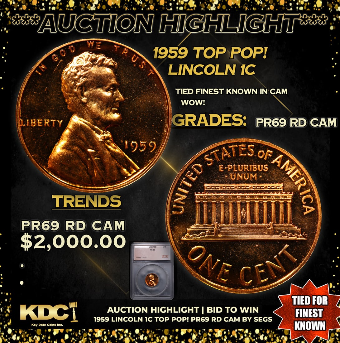 Proof ***Auction Highlight*** 1959 Lincoln Cent TOP POP! 1c Graded pr69 rd CAM BY SEGS (fc) (1 of 5)