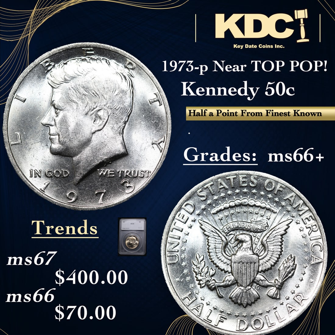 1973-p Kennedy Half Dollar Near TOP POP! 50c Graded ms66+ BY SEGS (1 of 5)