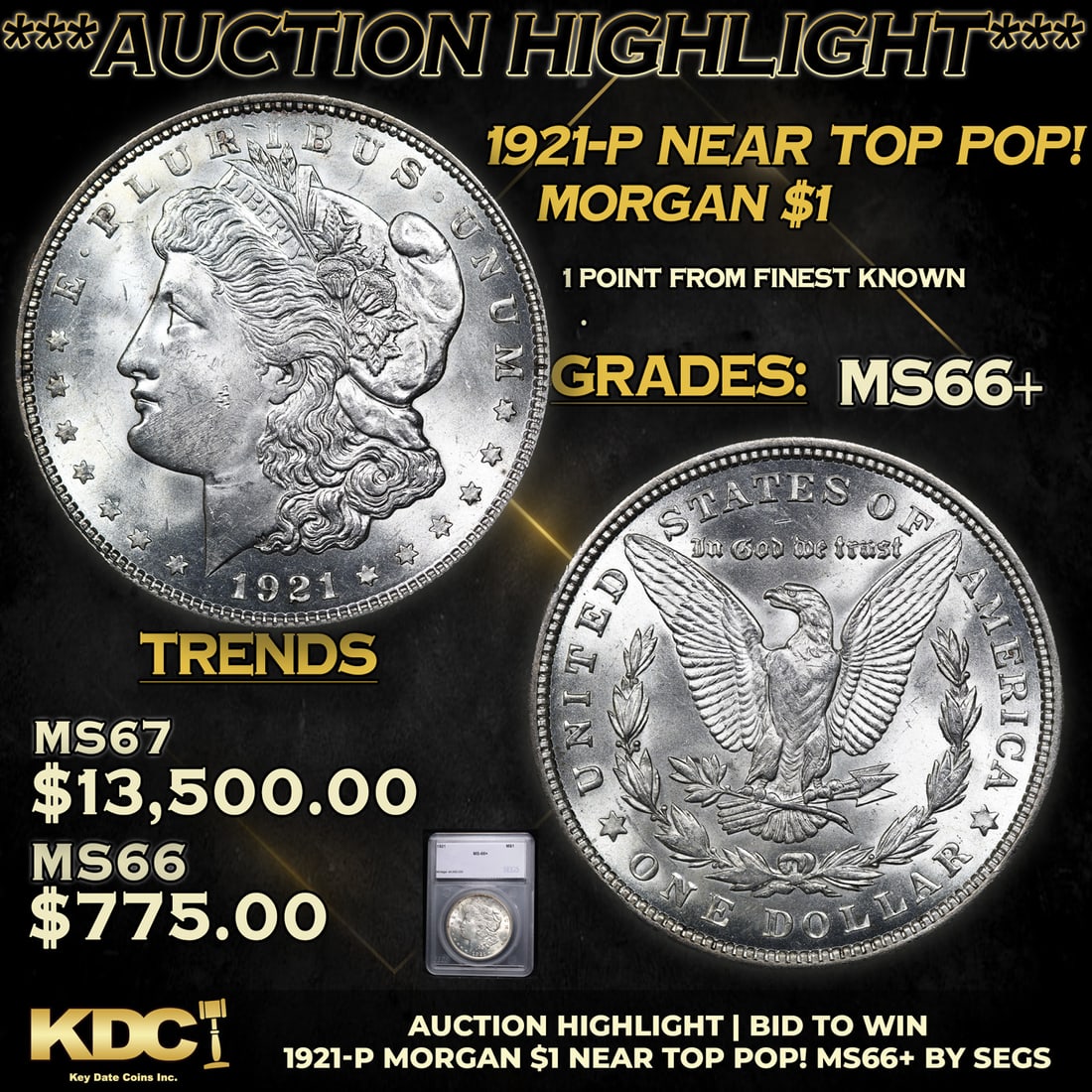 ***Auction Highlight*** 1921-p Morgan Dollar Near TOP POP! $1 Grades GEM++ Unc BY SEGS (fc) (1 of 5)