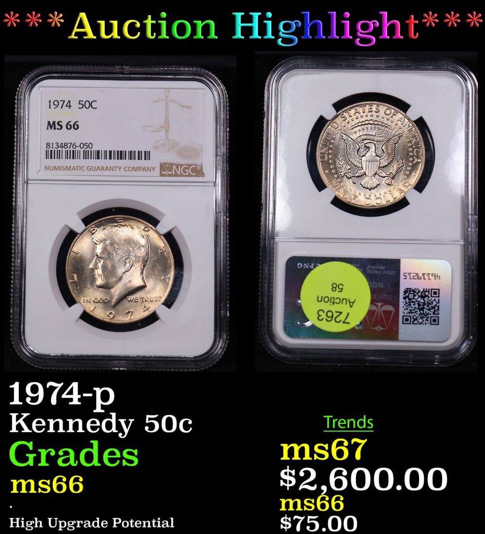 ***Auction Highlight*** NGC 1974-p Kennedy Half Dollar 50c Graded ms66 By NGC (fc) (1 of 3)